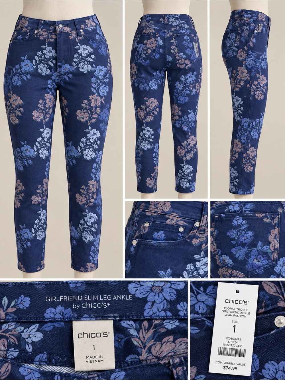 Chico's Navy Blue Floral Girlfriend Slim Leg Ankle Jeans